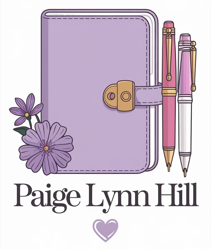 the name of a secular author, Paige Lynn Hill with a notebook, pens, and flowers