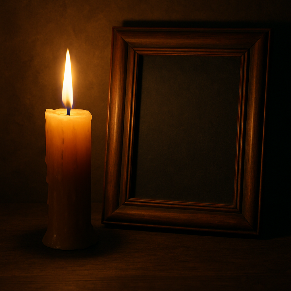 a picture symbolizing Chelsea of a lit candle next to an empty picture frame.