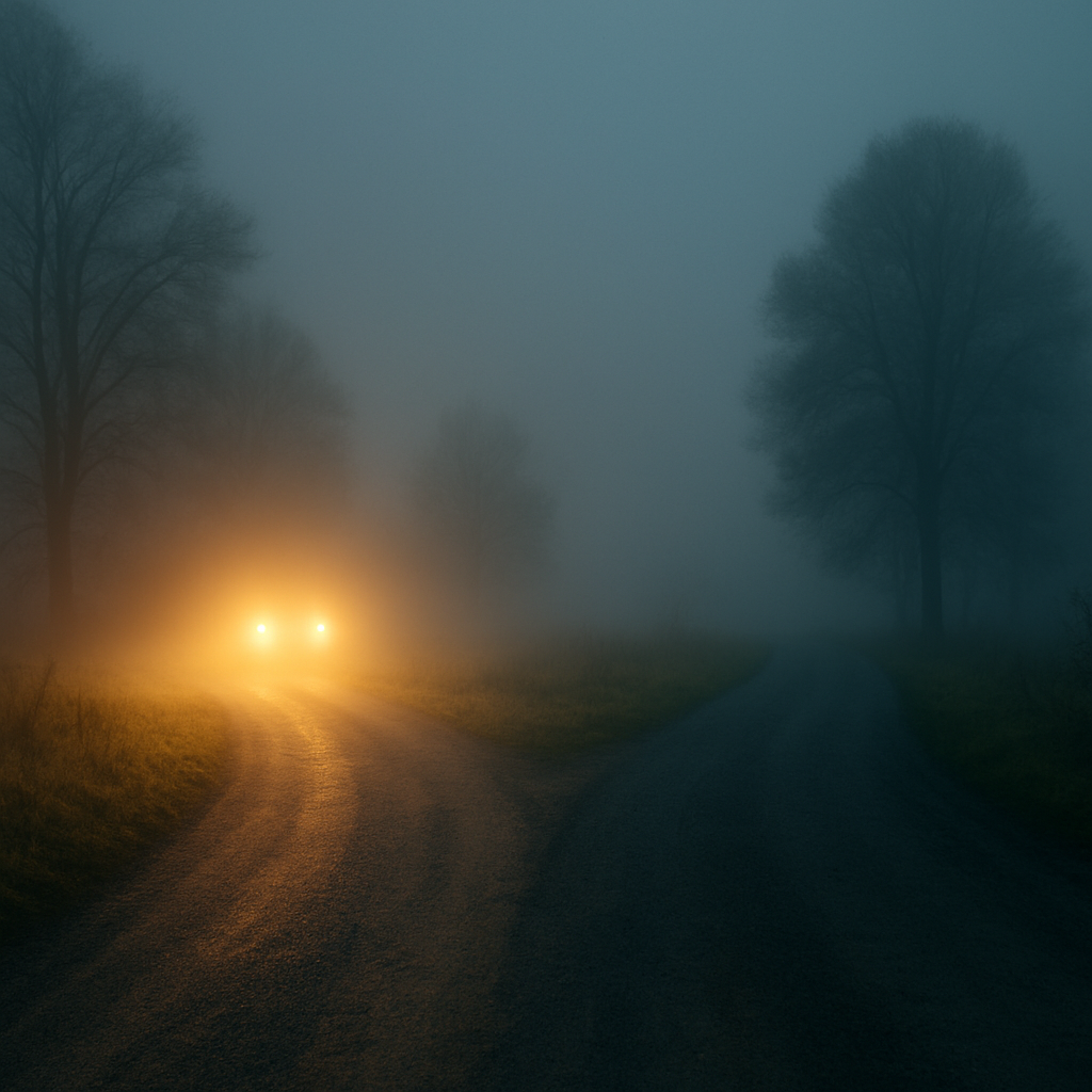 a picture that symbolizes Jrue of a split two line road, one illuminated by headlights another in foggy darkness.